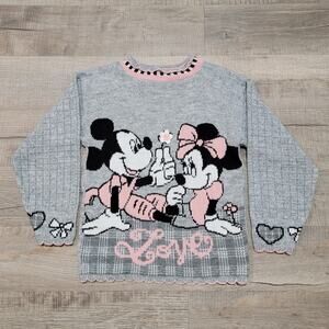 VTG 90s Mickeys Stuff for Kids Scalloped Sweater "Love" Minnie Pink Heart Print